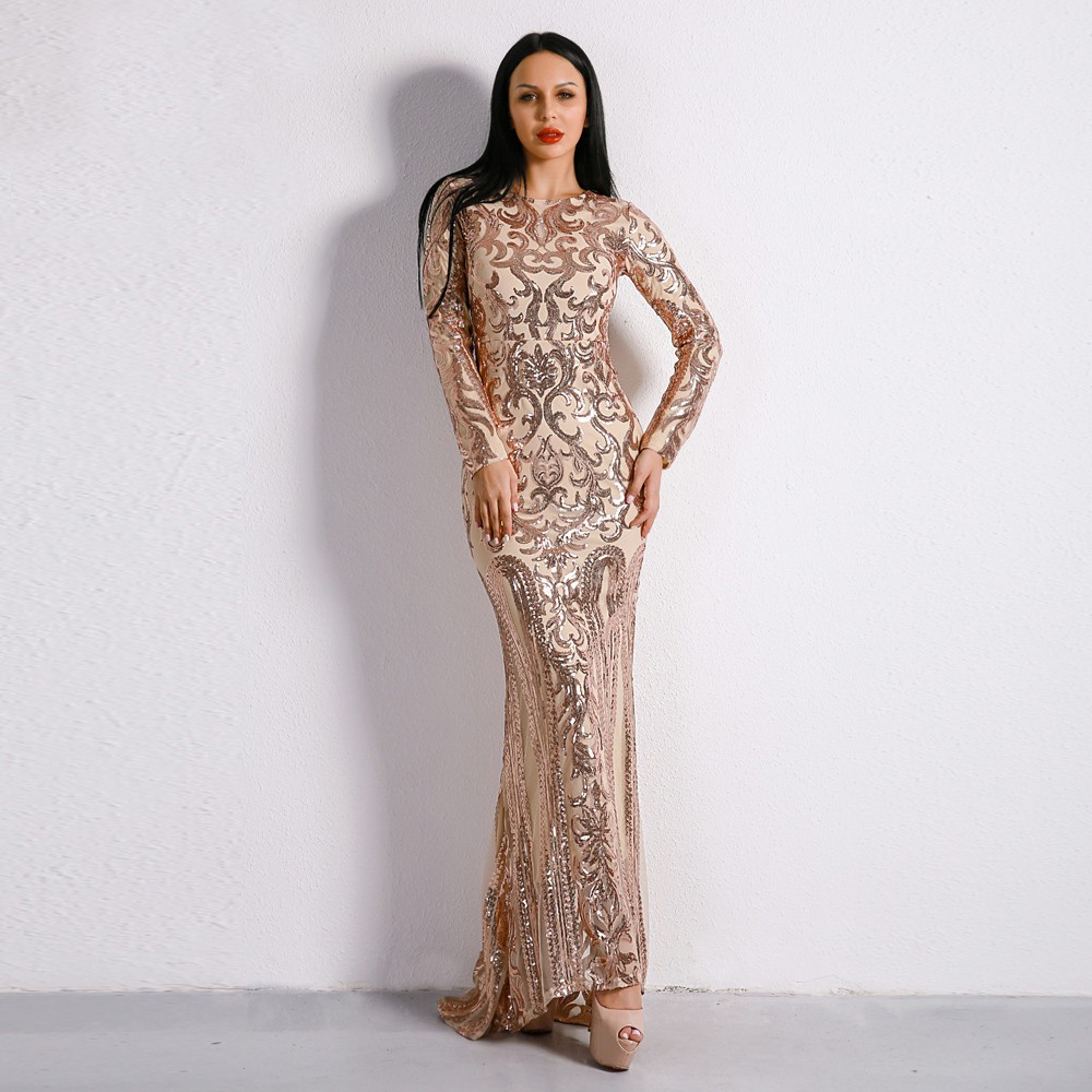 European Luxury Sequin Long Sleeve Dinner Dress Wedding Gown Evening Dresses