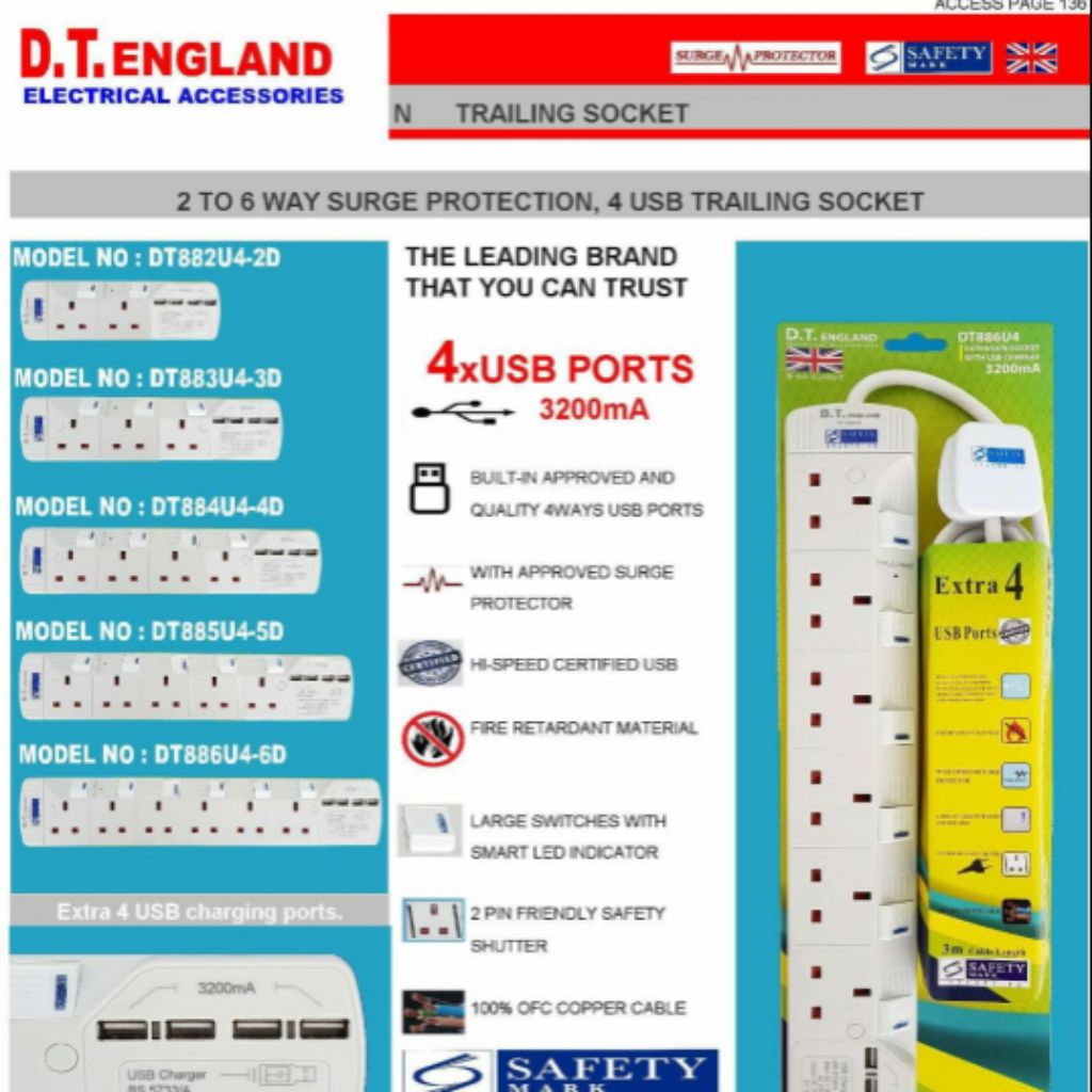 D. T England x 4 USB port Extension socket 2 ways to 6 ways 3 metre & 6 ...