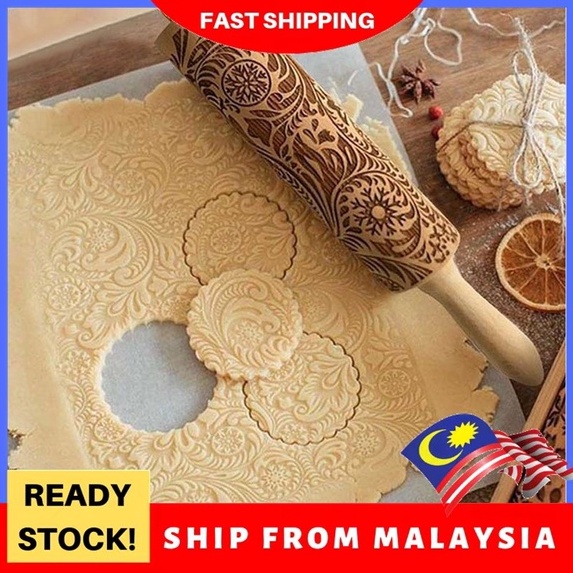 [Ready Stock] Engraved 3D Flower Printed Pattern Rolling Pin Wooden ...