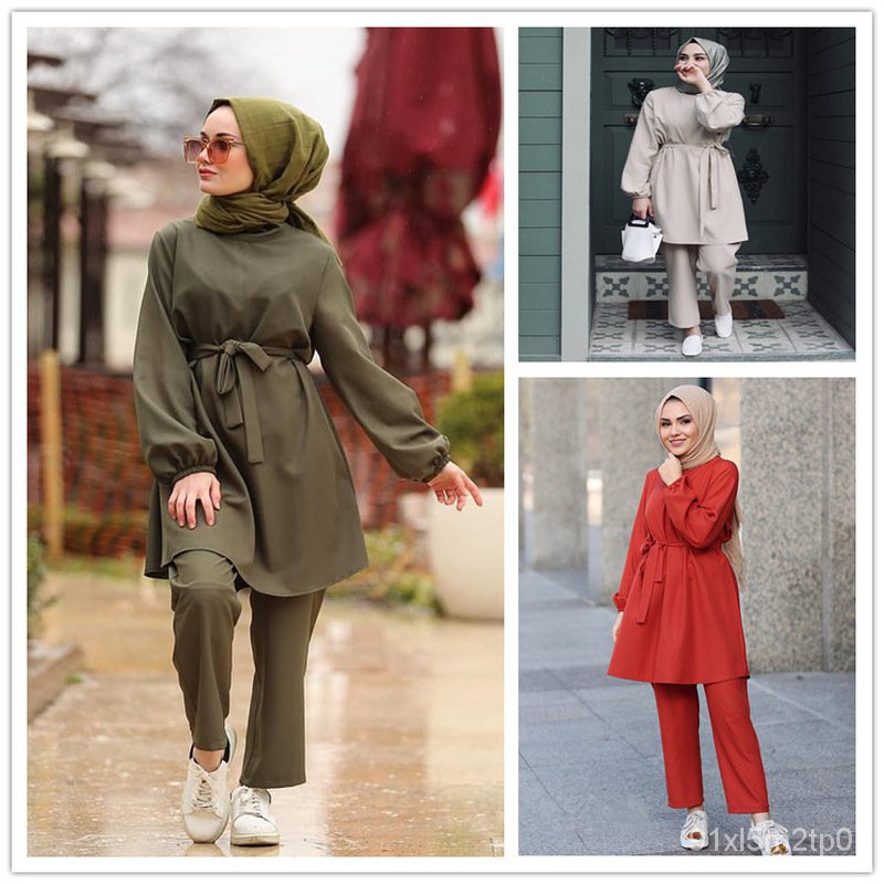 Muslim Women Knitted Tops Wide Leg Pants 2 Piece Set Dubai Abaya Islamic  Clothes