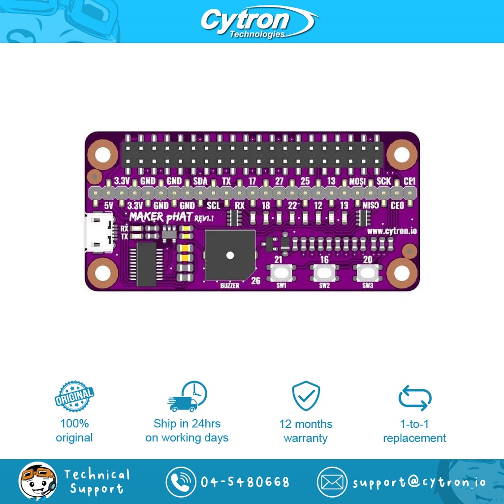Cytron Maker pHAT Built-in 8x LEDs 3x Buttons Buzzer Remote Serial SSH HAT for Raspberry Pi High Quality READY STOCK