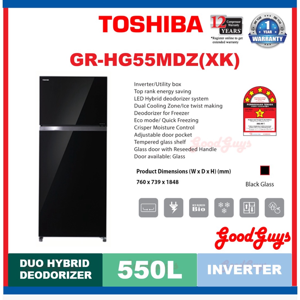 Toshiba Gr Hg55mdzxk 550l 2 Door Inverter Fridge Refrigerator Led Hybrid Deodorizer Shopee 1039