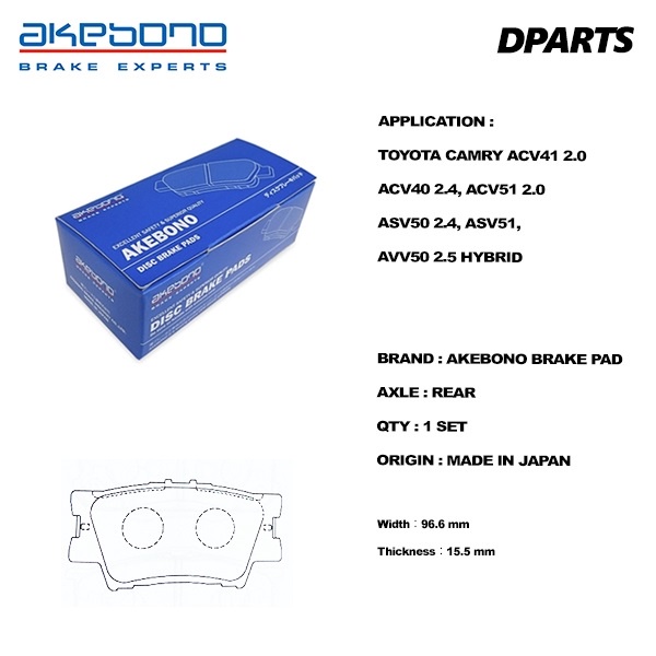 Akebono Rear Brake Pad Toyota Camry ACV40 ,ASV50 , Cross ZVG10 , Lexus