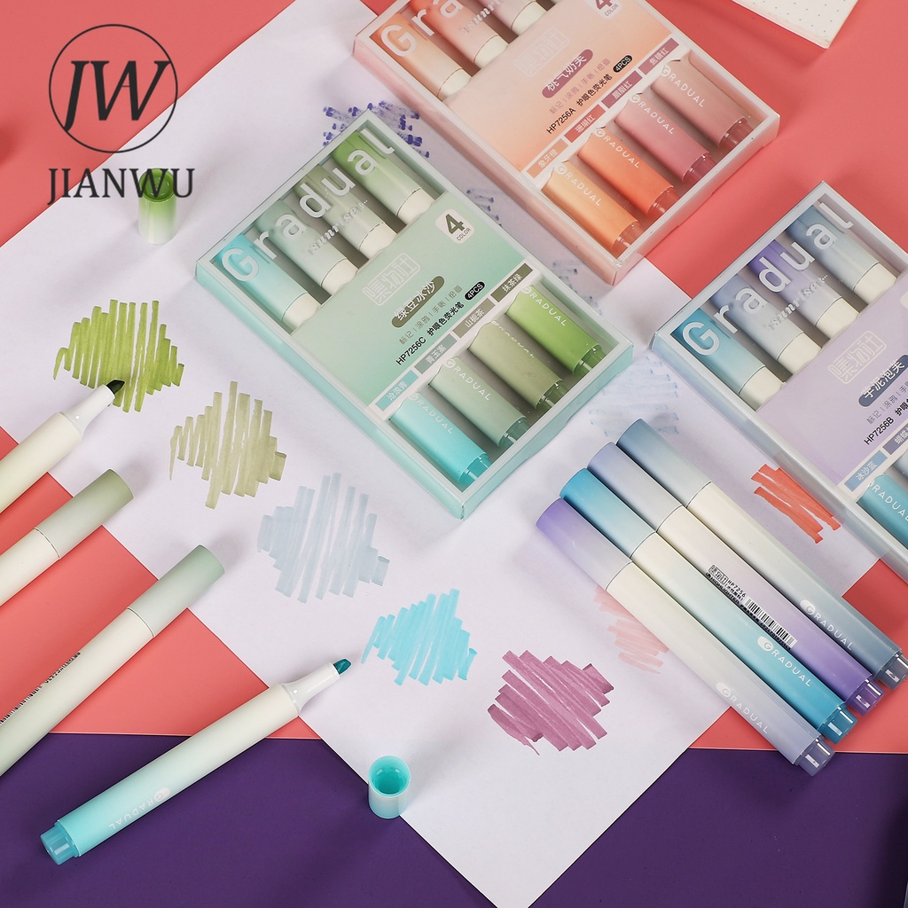 JIANWU 4Pcs/Set Eye Protection Color Simple Highlighter Soft Oblique