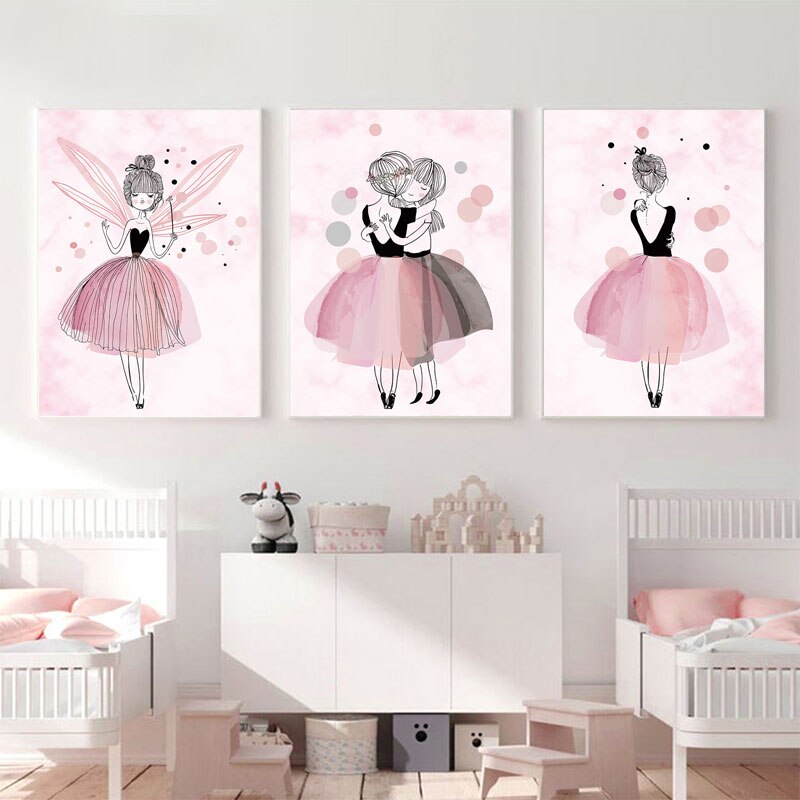 Nordic Kids Wall Art Canvas Painting Pink Girls Print Poster Pictures ...