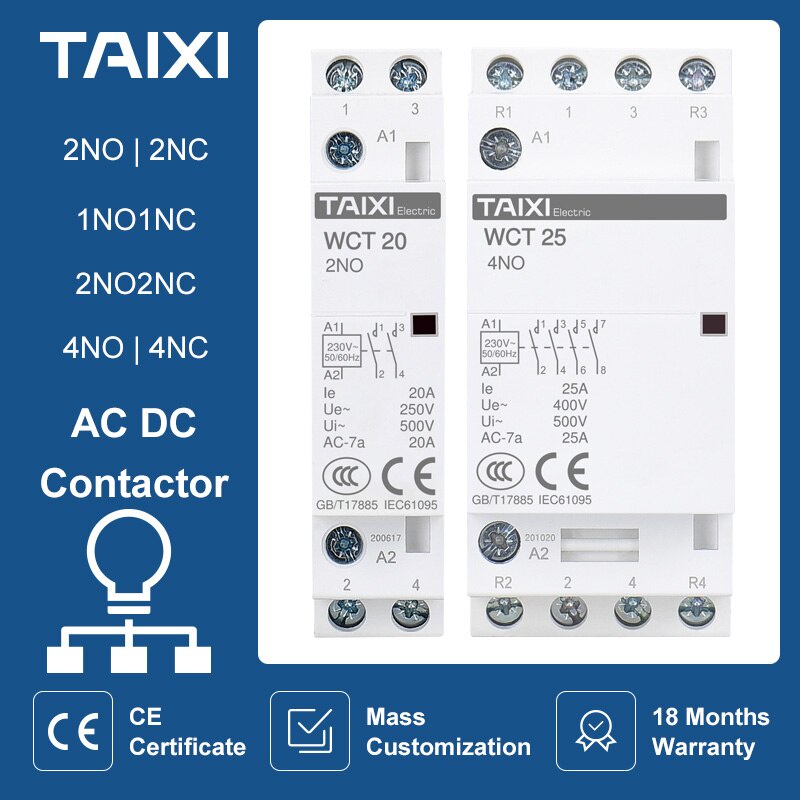 WCT household Din rail Modular ac contactor relay switch 2 pole 4p 25A ...