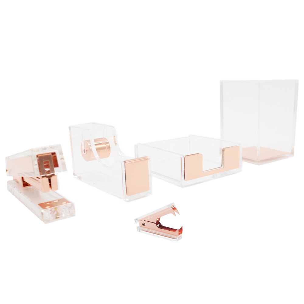 Clear Acrylic Rose Gold Stapler and Tape Dispenser Holder Set Dress Up Home, Office, School Desk Accessories Set of High End Luxury Staplers and Tape  Holders