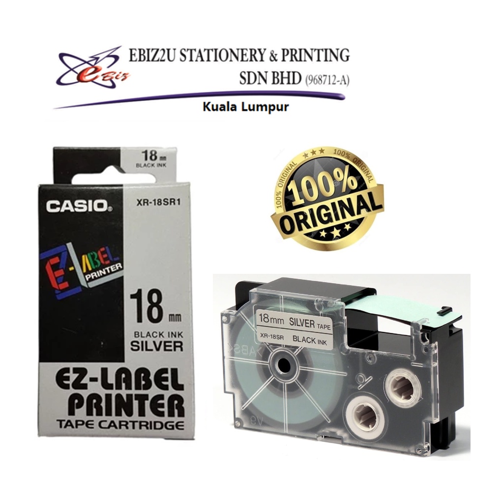 Casio EzLabel Printer Tape Cartridge 18mm, Black on Silver (XR18SR1) ( Casio EZ Label, label