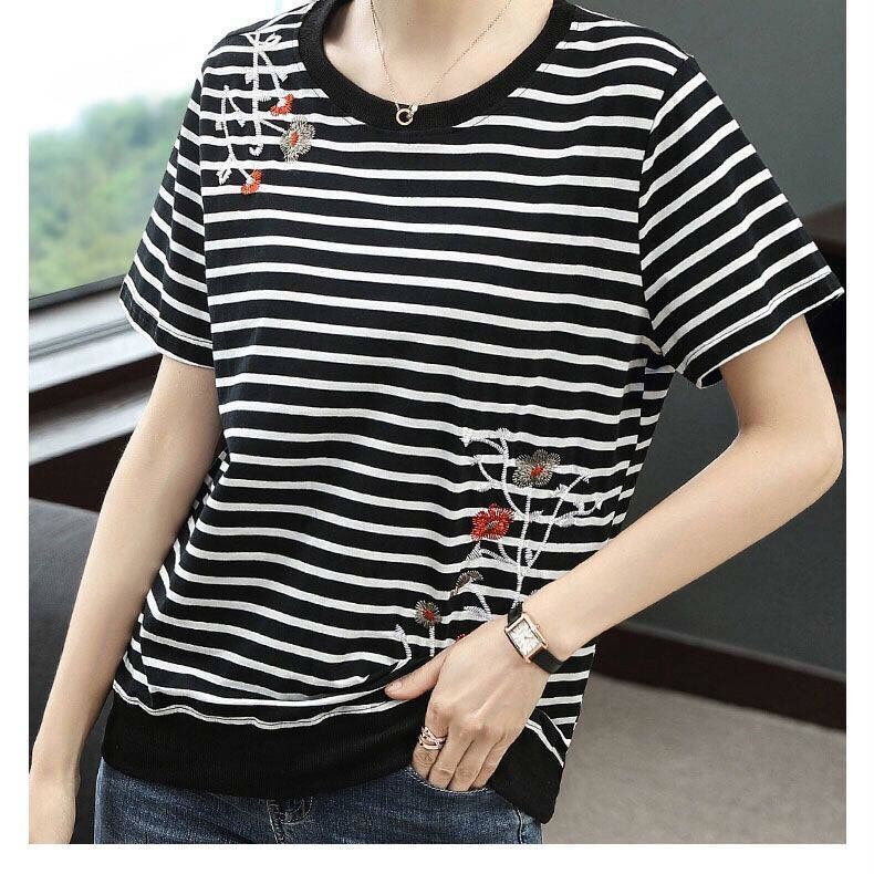 Plus Size Loose Womens Summer Short Sleeved Striped T Shirt Korean