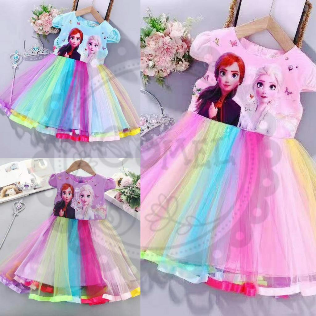 Comel Princess Frozen Elsa Anna Dress Rainbow | Shopee Malaysia