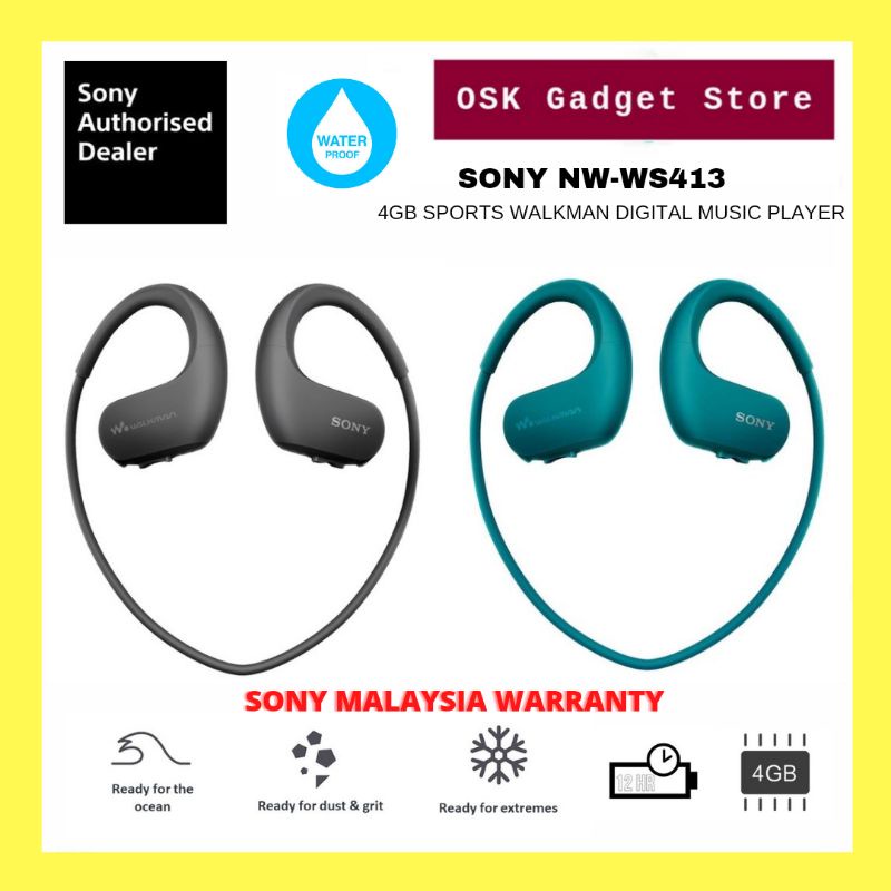 Sony NW-WS413 Sports MP3 Walkman Digital Music Player | 4GB | IPX5 / 8  Splash Proof | Sony Malaysia Warranty | Shopee Malaysia | MP3-Player