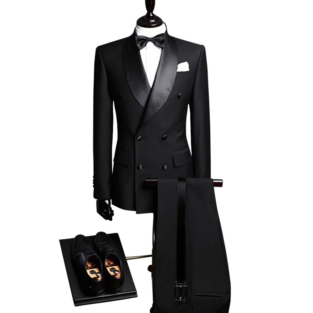 Men Black Double Breasted Suit Groom Tuxedos Formal Wedding Suit Custom ...