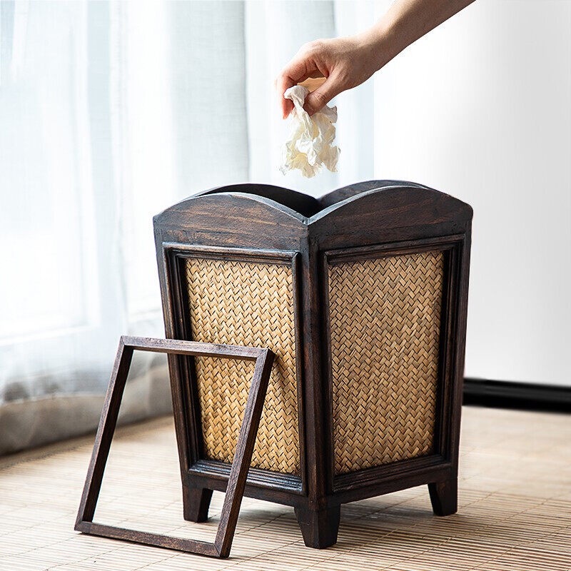 Rattan Trash Bin Hand Woven Trash Bin With Lid Wooden Bathroom Kitchen ...