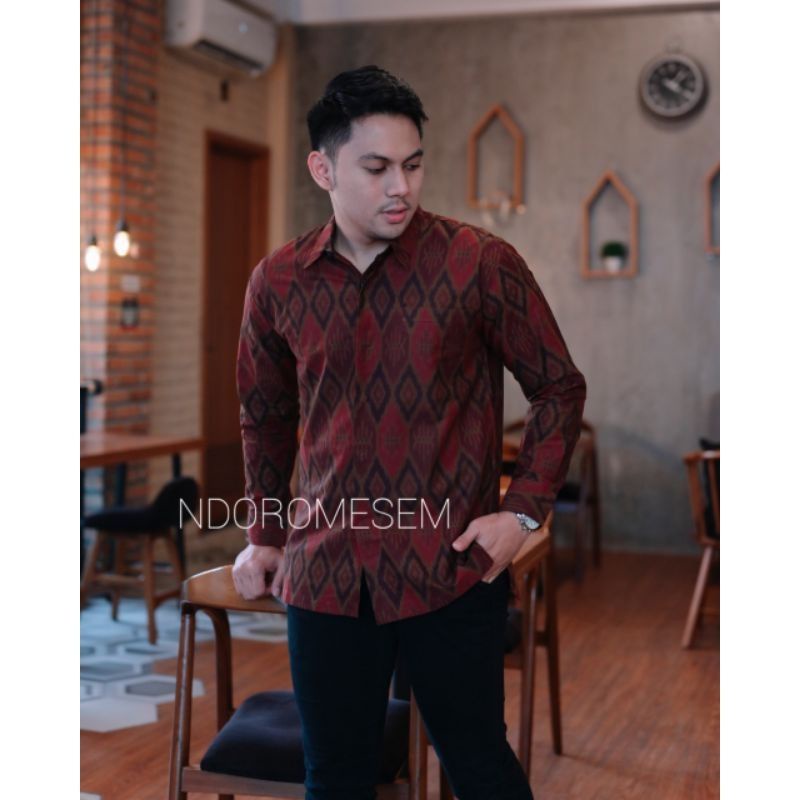 MERAH KATUN KEMEJA Maron Red Batik Shirt Fine Cotton Free Mask Short ...