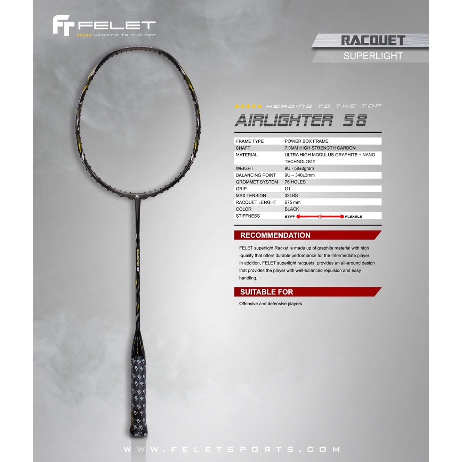 FELET Airlighter 58 Ultra Light 9U FREE STRINGING SERVICES Badminton Racket MAX TENSION 32 LBS 9U!