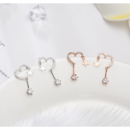 Authentic S925 Sterling Silver Love Stud Earrings With AAA Clear CZ Stones - Punk Style, Screw Back