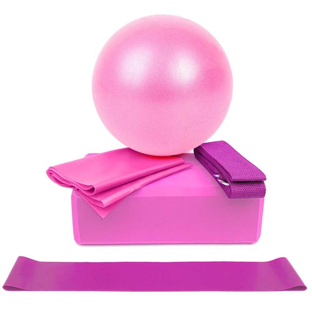 5pcs Yoga Equipment Set Include Yoga Ball Yoga Blocks Stretching Strap  Resistance Loop Band Exercise Band (Pink)