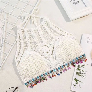 INS Fashion Female Crochet Halter Sexy Tassels Bikini Camis Summer Beach  Padded Crop Tops Tank Bra