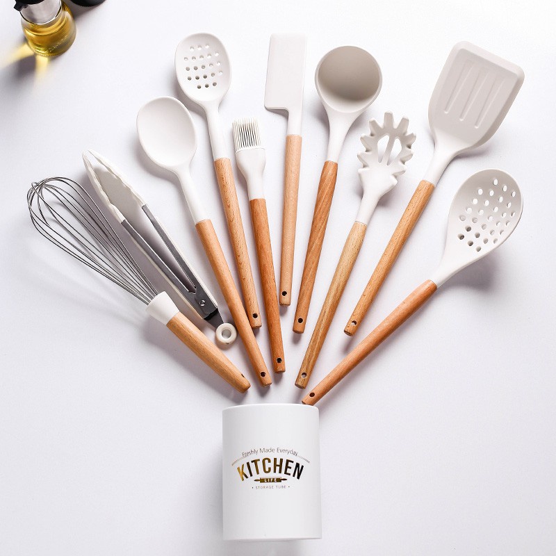 Kitchenware White Silicone Cooking Tool Utensils Set With Wooden ...