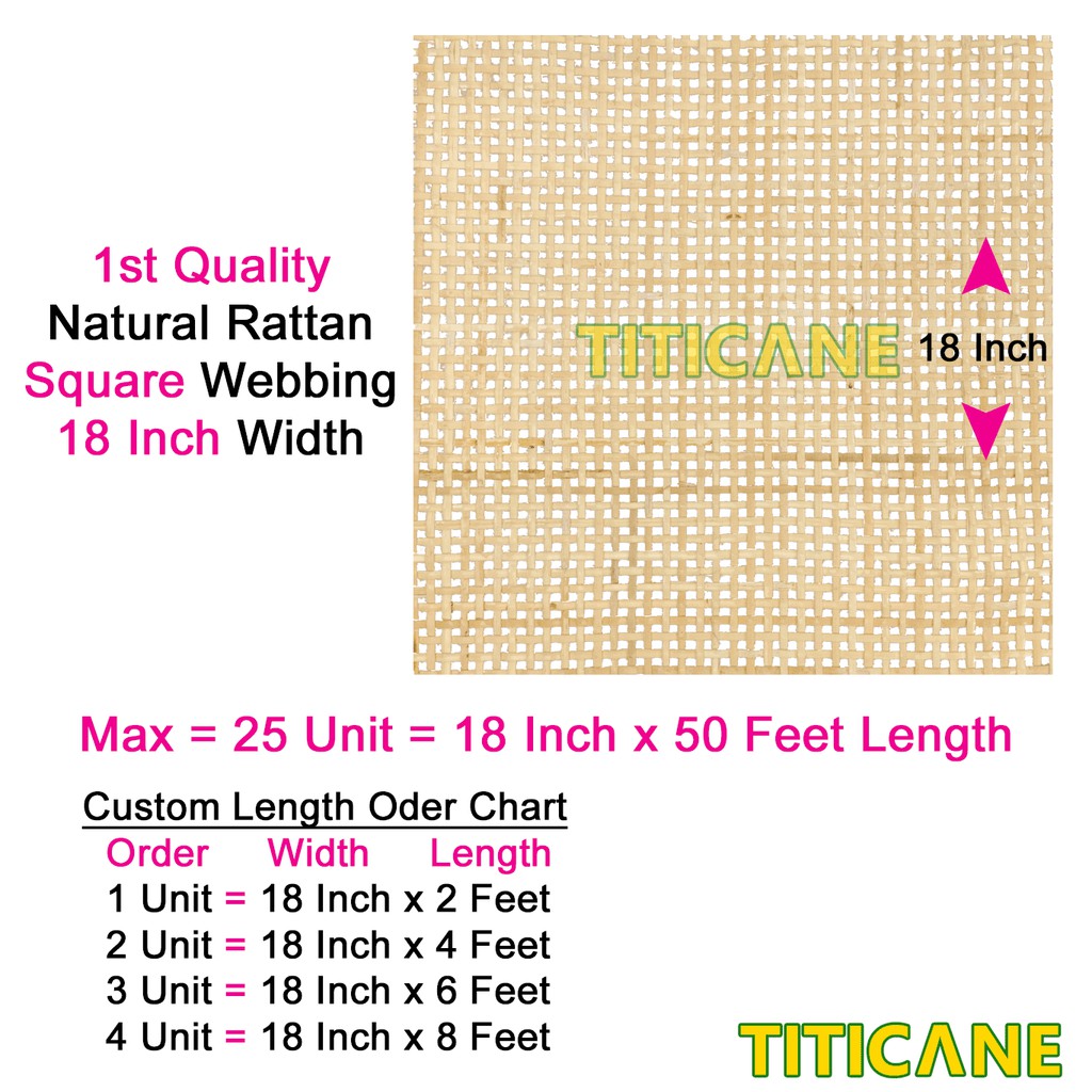 TITICANE Natural Rattan Square Webbing [ 18 Inch ] [ 2 Feet Per Unit ]