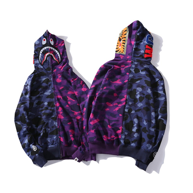 Bape Blue purple camo stitching Jacket Classic shark head hoodies