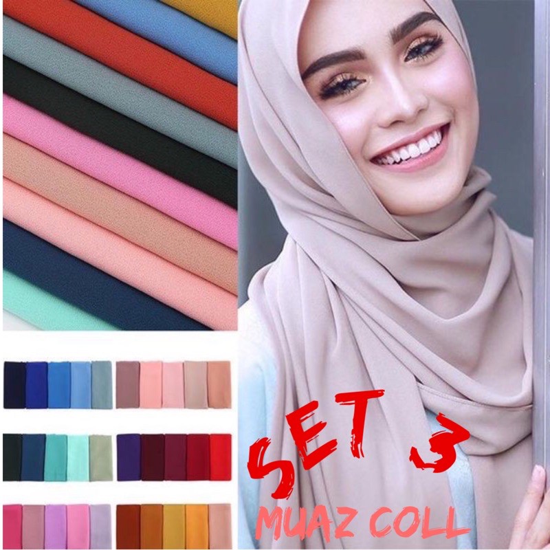 Shawl Heavy Chiffon Plain SET 3/READY STOCK l Shawl Chiffon Panjang ...