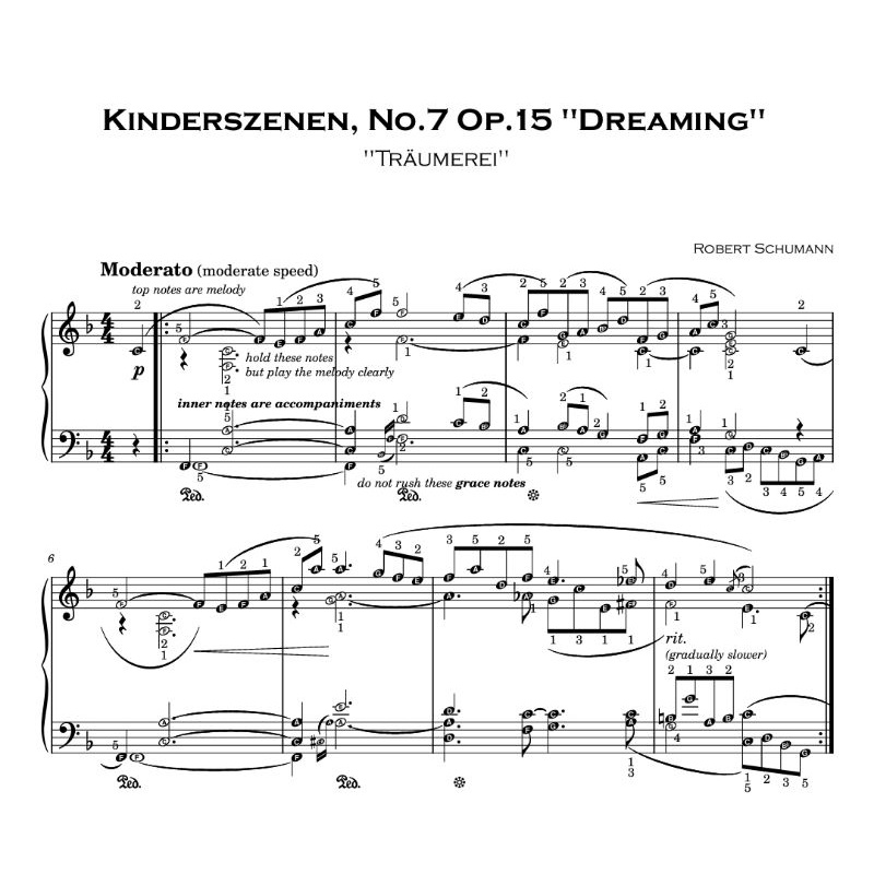 Traumerei - Schumann | Piano Sheet Music Score with note names, finger ...