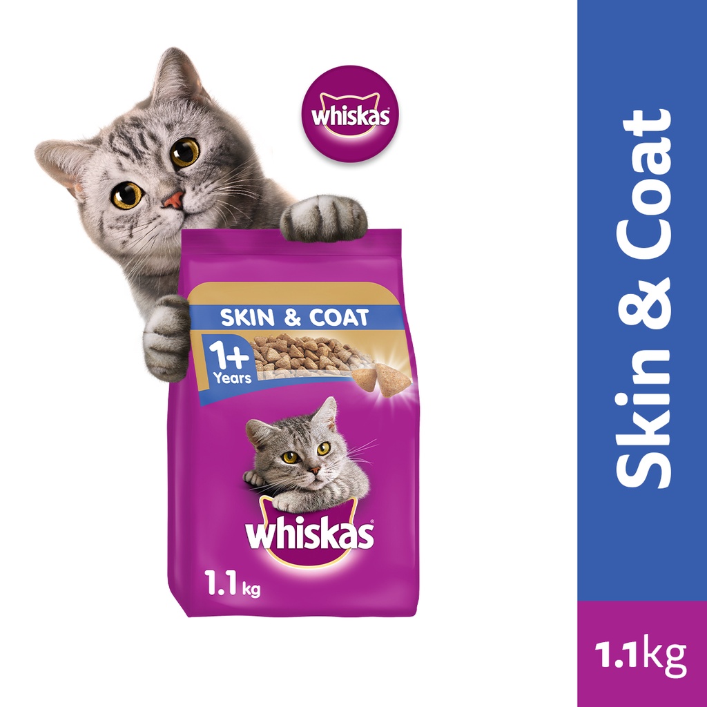 WHISKAS Skin & Coat Cat Food for Adult Cats, 1.1kg. Cat Food Dry for