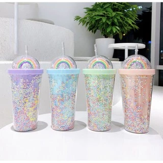Koocing Rainbow🌈 BeadsStar Cold Cup Tumbler Double Layer Plastic Coffee Mug Tumbler with Straw 500ml