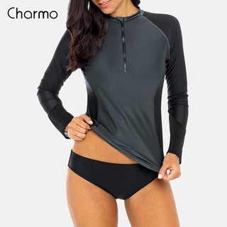 Charmo Women Front Zipper Rashguard Shirt Swimsuit Patchwork