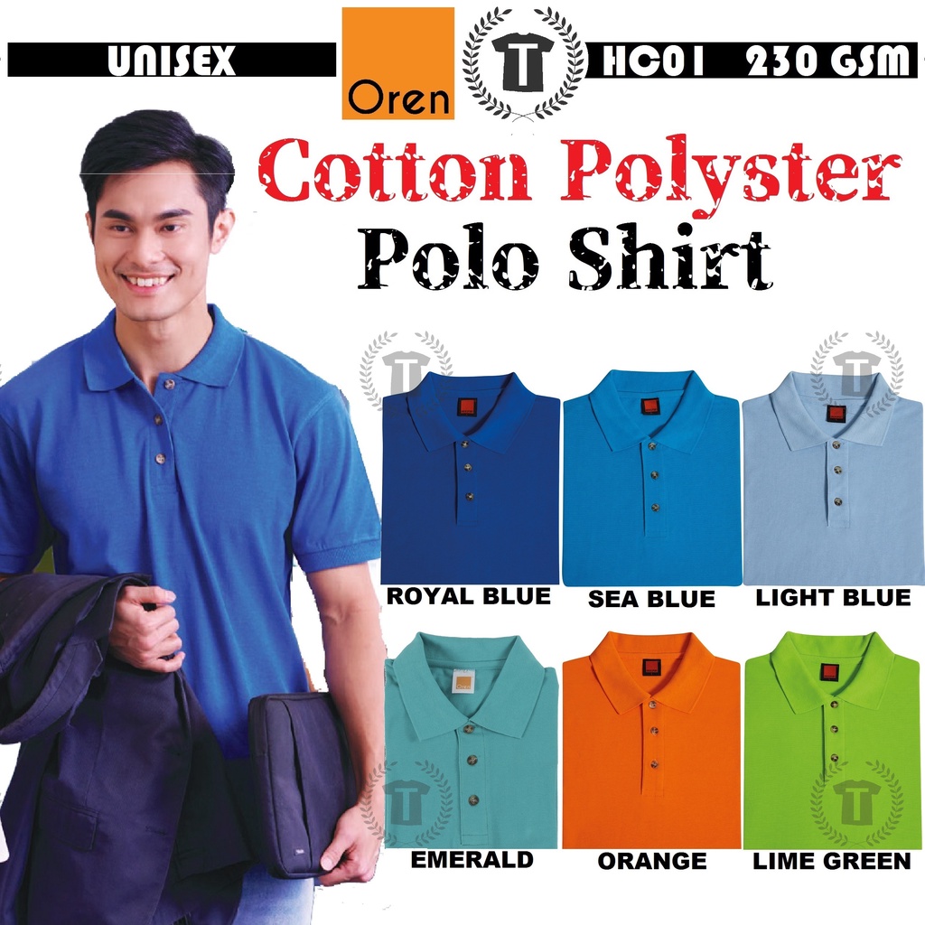 【Cotton Polo】Unisex Cotton Plain Polo Shirt Tee Baju HC01 OREN SPORT ...