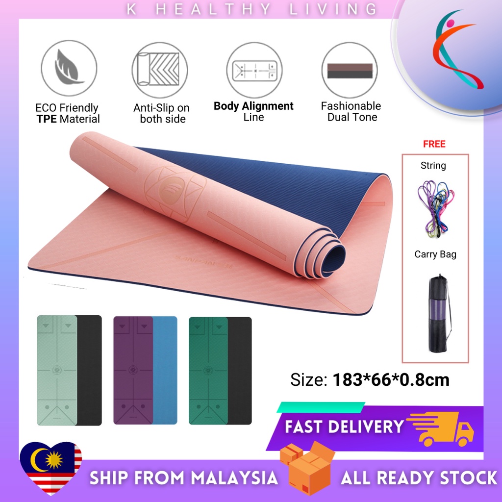 【READY STOCK】PREMIUM TPE Yoga Mat 183*66*0.8cm with Body Alignment Line ...