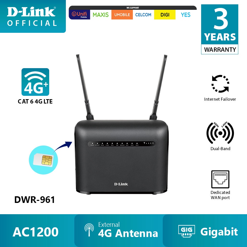 D-LINK LTE 4G Sim Card Dual band (2.4ghz + 5ghz) AC1200 CAT 6 gigabit ...