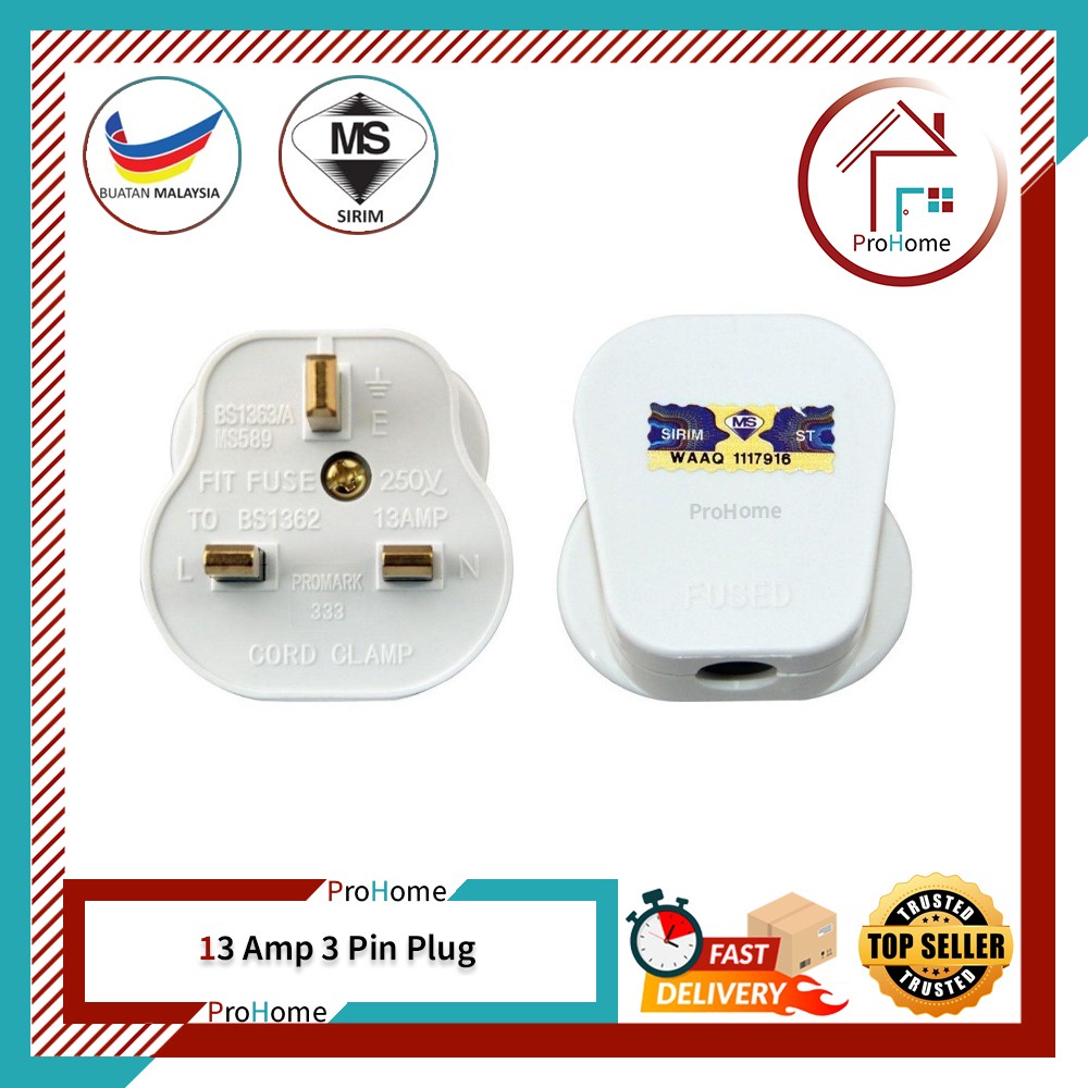 13 Amp White Fused Pin Plug with SIRIM Certified/ Fused Pin Plug/ Plug ...