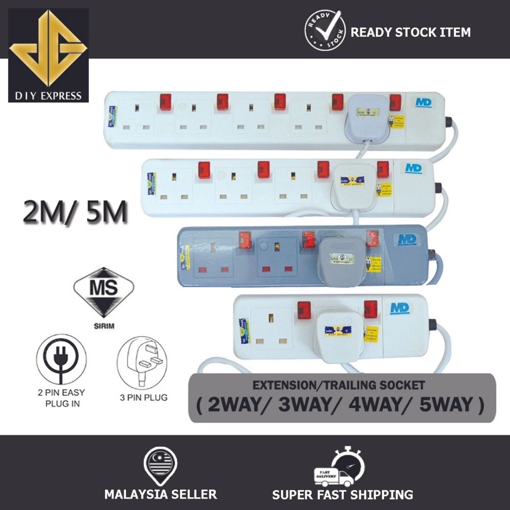 2M & 5M Extension Trailing Socket Plug Adapter (2Way/3Way/4Way/5Way ...