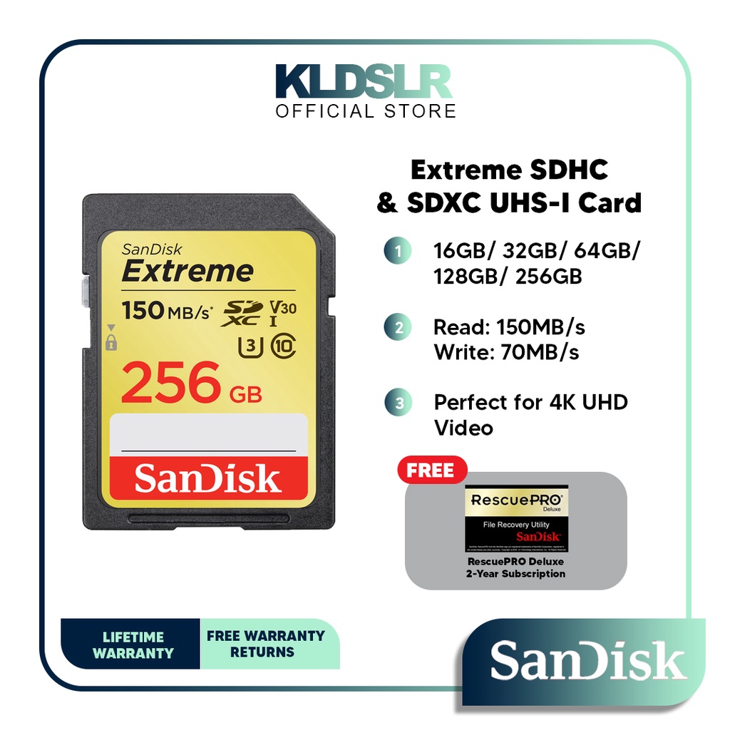 SanDisk Extreme 256GB 150MB/s SD U3 V30 4K Memory Card For DSLR Camera