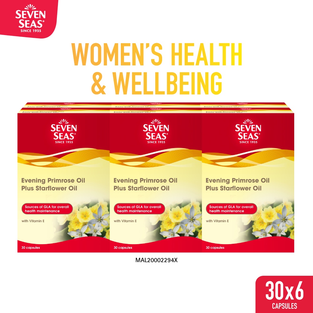 Seven Seas Evening Primrose Oil + Starflower Oil with GLA & Vitamin E 1000mg (30 caps x 6 )[EXP