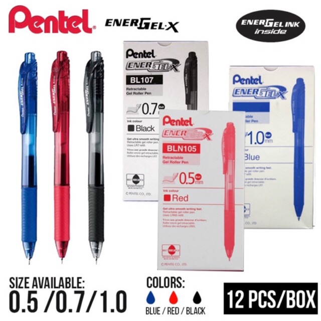 Pentel EnerGel-X Retractable Roller Gel Pen 0.5/0.7/1.0mm (12pcs