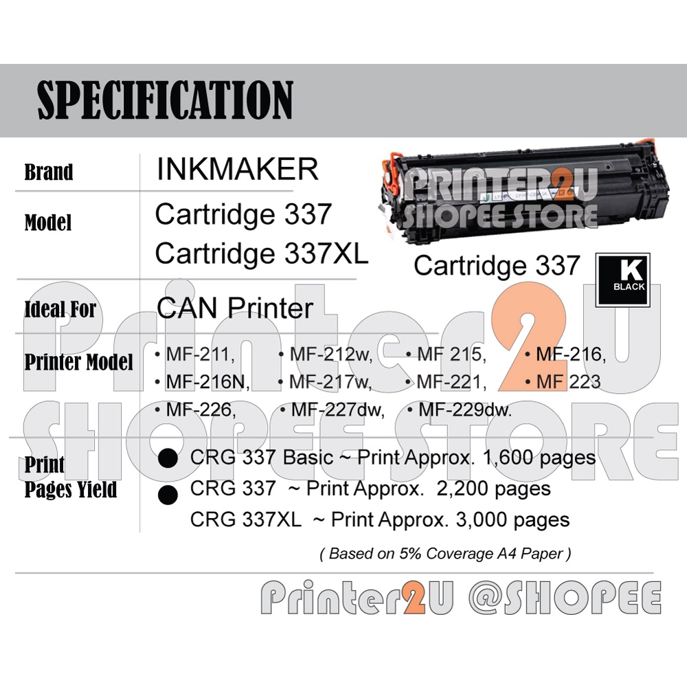 CRG Cartridge 337 Compatible Cano* imageCLASS MF 211 212w 221d 215 249 ...