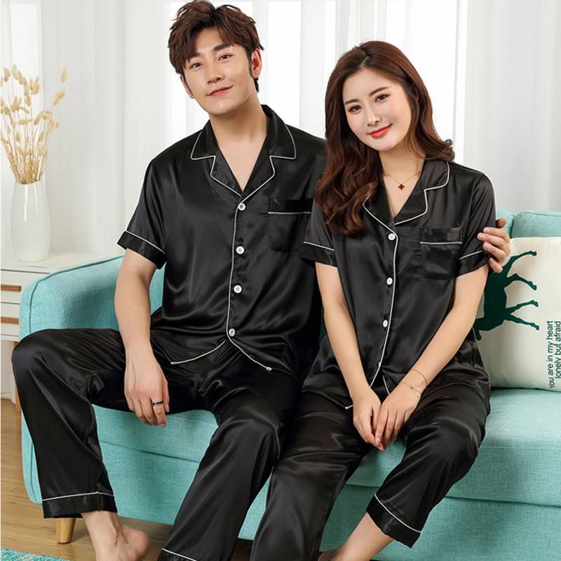 Plus Size M 5XL Couples Silk Satin Pyjamas Set Short Sleeve Sleepwear Female Male Pajamas Suit Buja Tidur Shopee Malaysia