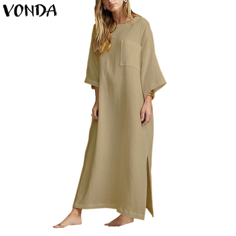 Vonda Women Cotton Casual Baggy Batwing Vintage Long Maxi Dress ...