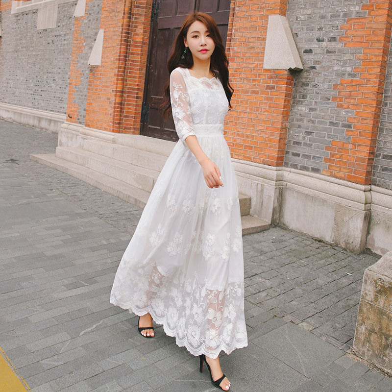 Korean white dress women Flower lace Beach Summer new style long dress ...