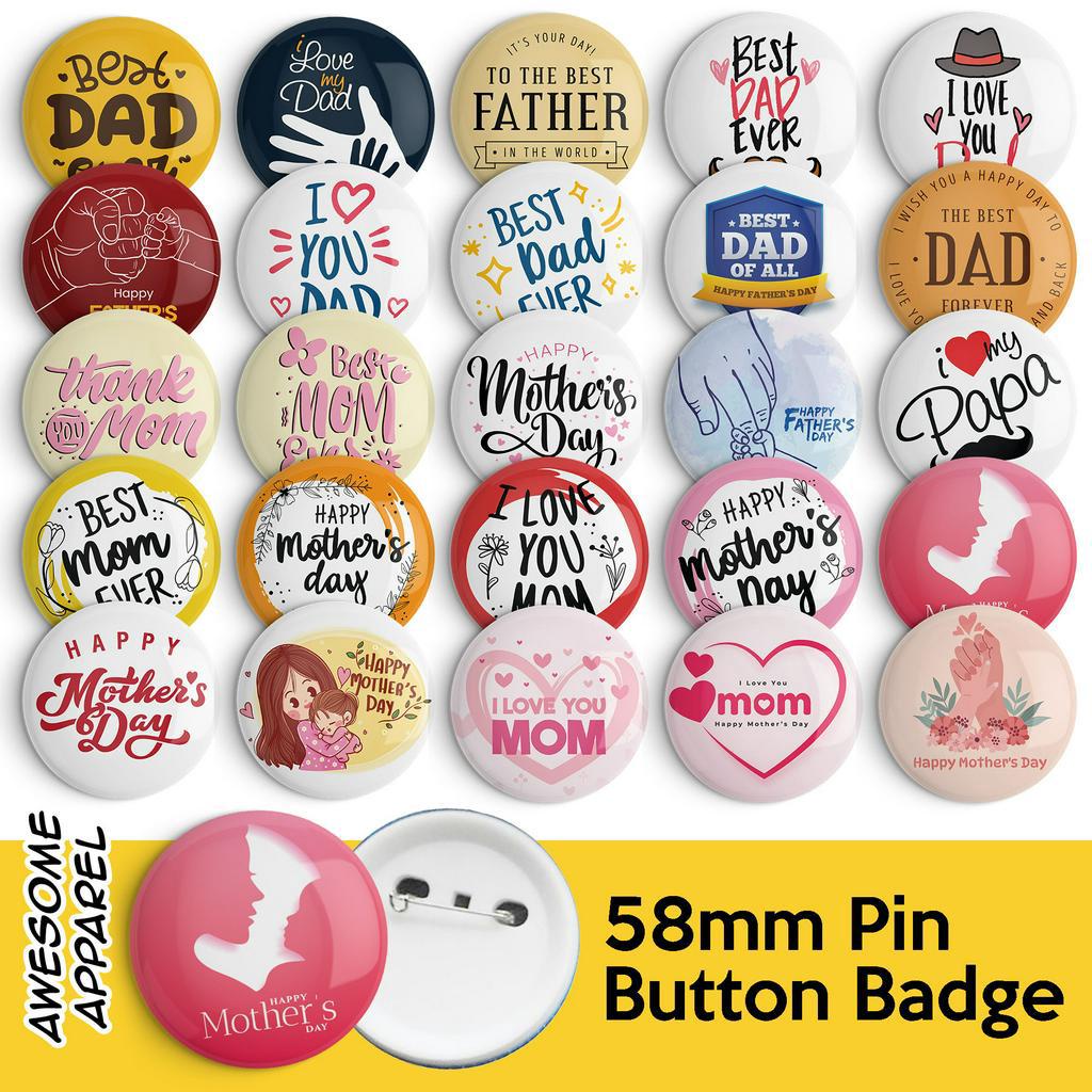 Happy Mother's and Father's Day Designs 58mm 44mm Button Badge with Pin ...