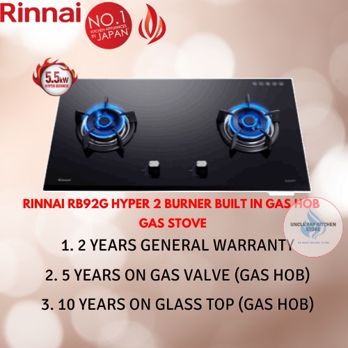 Rinnai RB92G Hyper 2 Burner Built In Gas Hob Gas Stove Gas Cooker Schott  Glass 5.5kW Gas Input (88cm) | Shopee Malaysia
