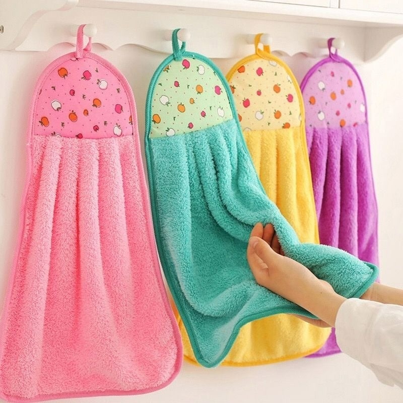 Kitchen Hand Towel Cotton Fleece Dish Cloth Hanging Loop Hand Towel