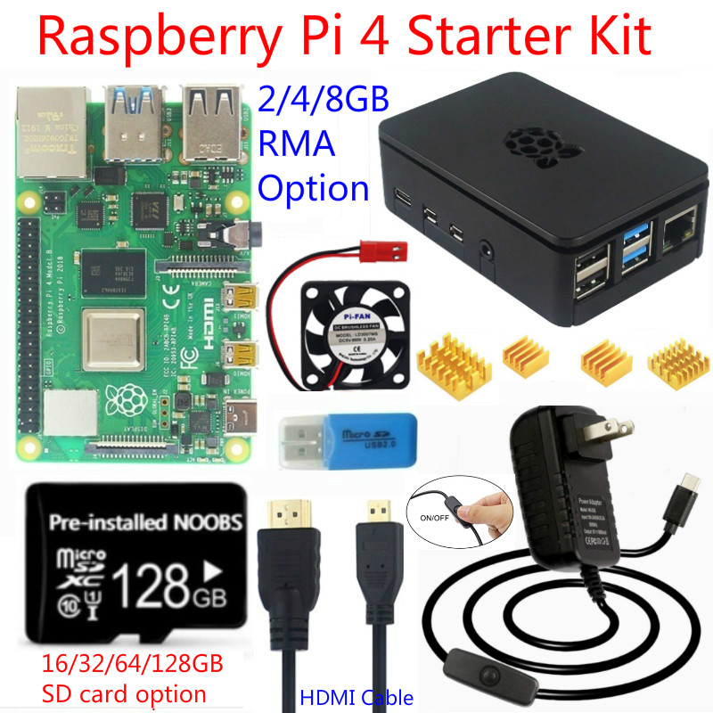 2/4/8GB Raspberry Pi 4 Model B Kit with Case SD Card Power Adapter ...
