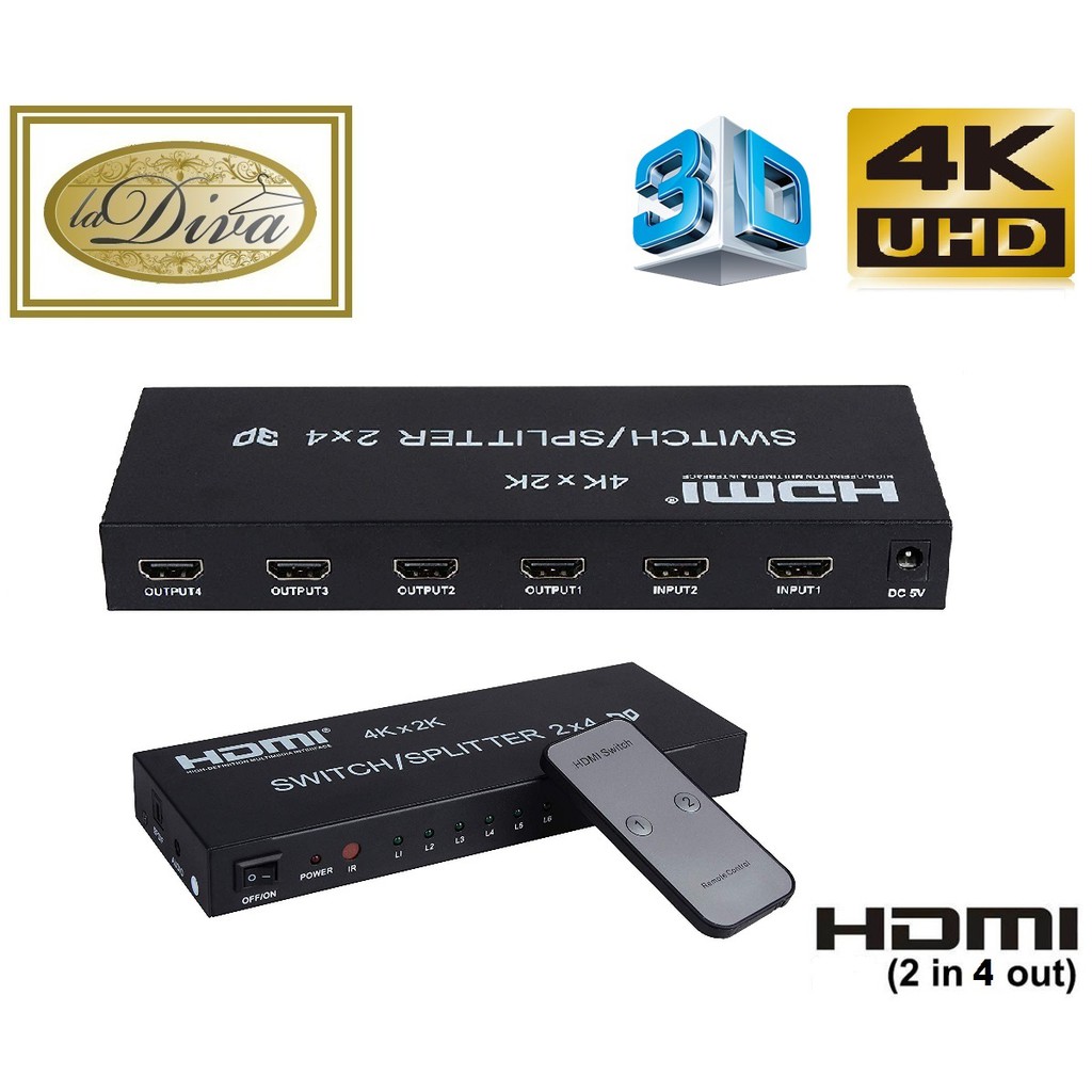 2X4 HDMI 3D True Matrix Switch Splitter 2 In Source 4 Out Display W/ Remote  4K