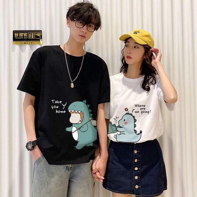 Couple T Shirt Summer Short Sleeve T Shirt Korean Dinosaur Pattern