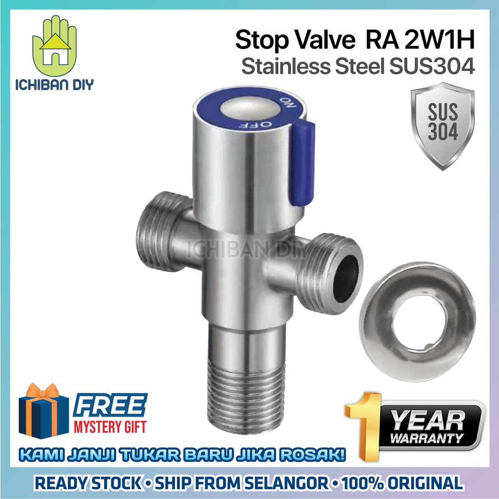 SUS304 Stainless Steel 2 Way Stop Valve Angle Two Water Pipe Tap Injap ...
