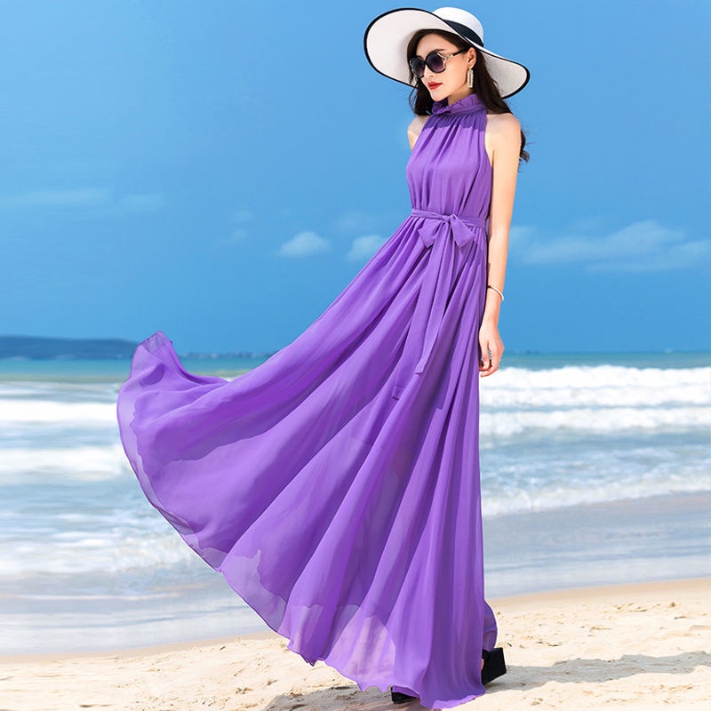 NEW Bohemian Ankle Length Dress Solid Chiffon Dress Holiday Beach